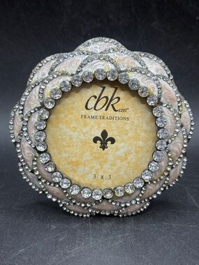 CBK Round Floral Form Bejeweled Crystal Swirled Enamel Picture Frame Decor